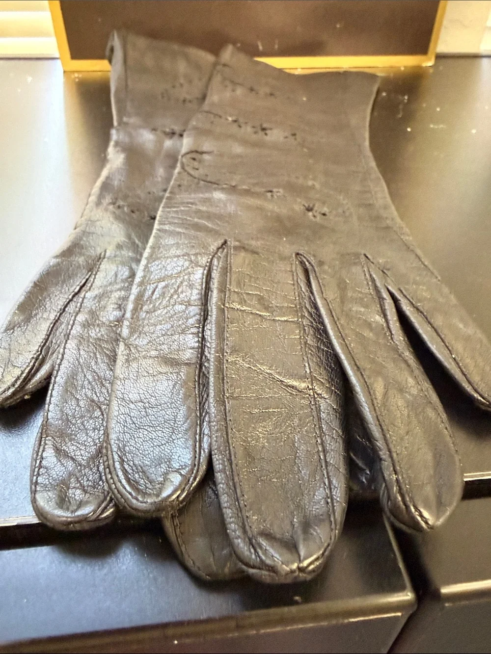 Vintage Black Leather Evening Women's Gloves w/ intricate floral cut-out design